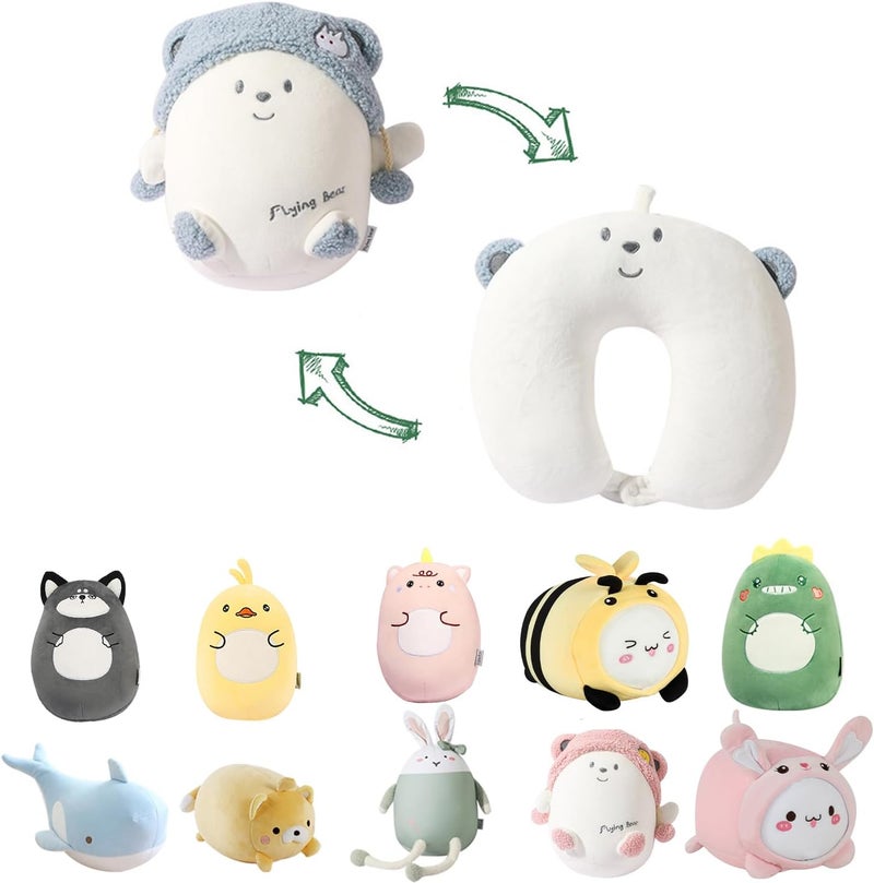 stocaggio Kids Travel Pillow - 2-in-1 Deformable Kids Neck Pillow for Traveling, Soft U-Shaped Pillow with Adorable Animal Design, Comfy Sleep and Play, Ideal for Airplanes and Cars - Blue Bear - Image 1